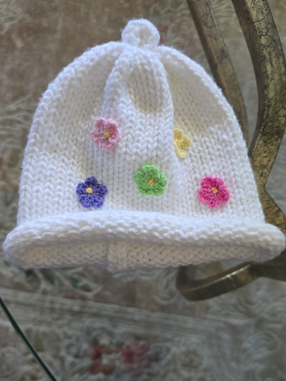 Baby Hat White Hand Knit 100% Cotton Colorful Flower Appliqués U.S.A. Size XS